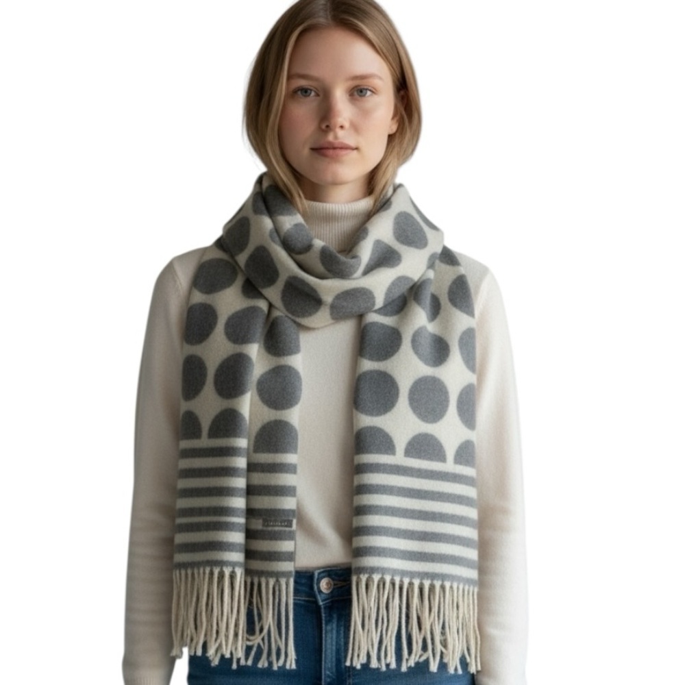 Gray and Cream Polka Dot Scarf with Fringe Reversible Long Winter Scarf